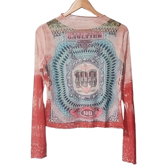 None Tops - Bank Note Tatoos Nylon Mesh Crop Top M Long Sleeve Punk Goth Streetwear